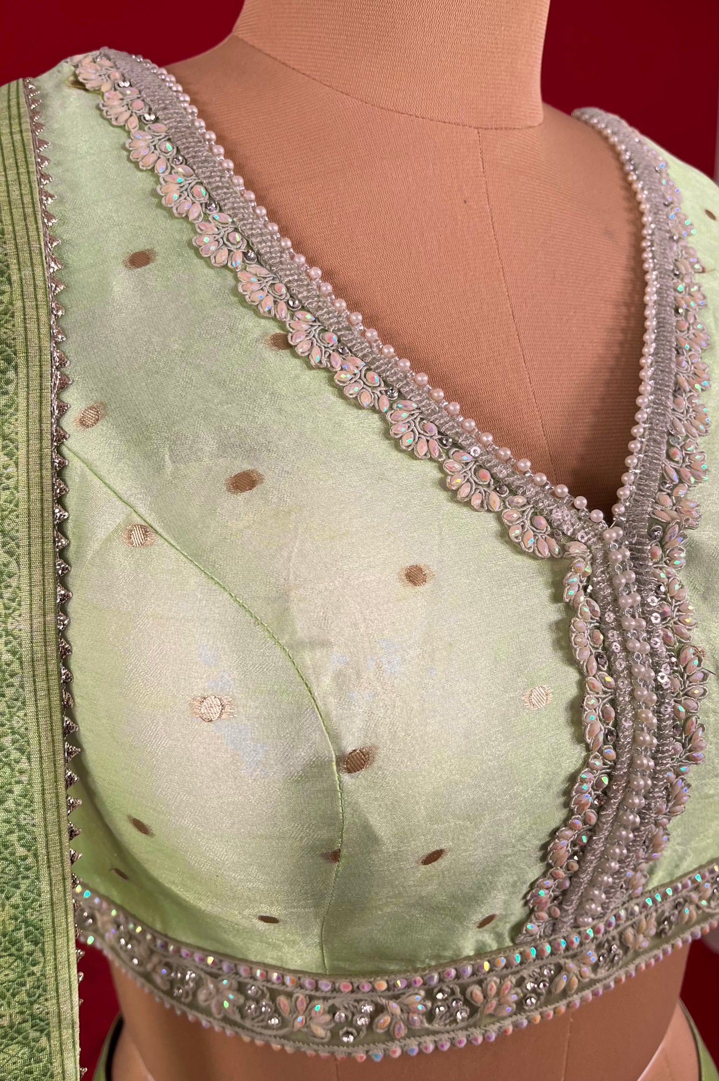 PISTA GREEN COLOUR ORGANZA SKIRT WITH CROP TOP BLOUSE & NET DUPATTA EMBELLISHED WITH PEARL & SEQUINS WORK