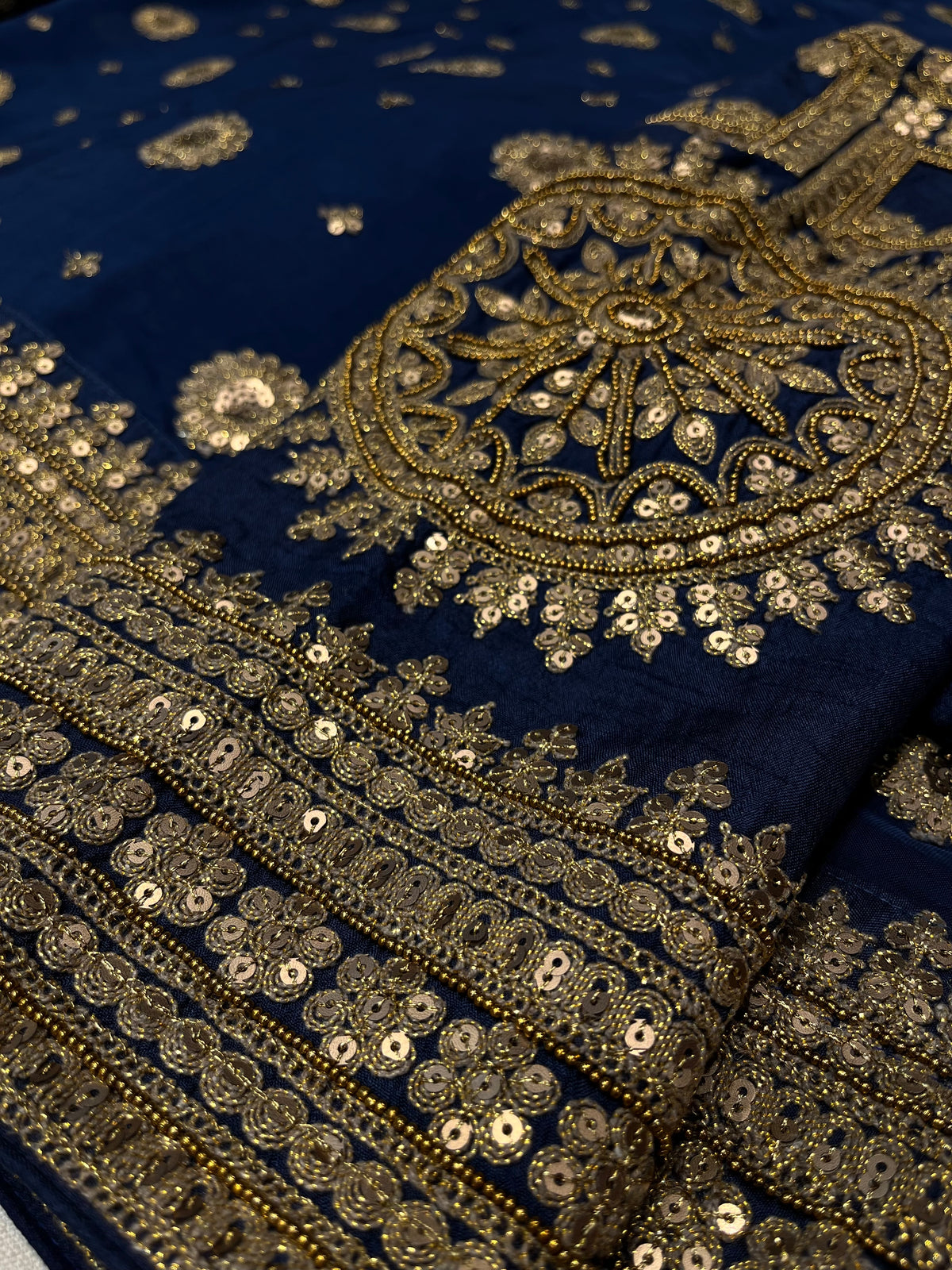 NAVY BLUE COLOUR ORGANZA SILK READYMADE RAW SILK BLOUSE SAREE EMBELLISHED WITH ANTIQUE KASAB, BEADS & SEQUINS WORK
