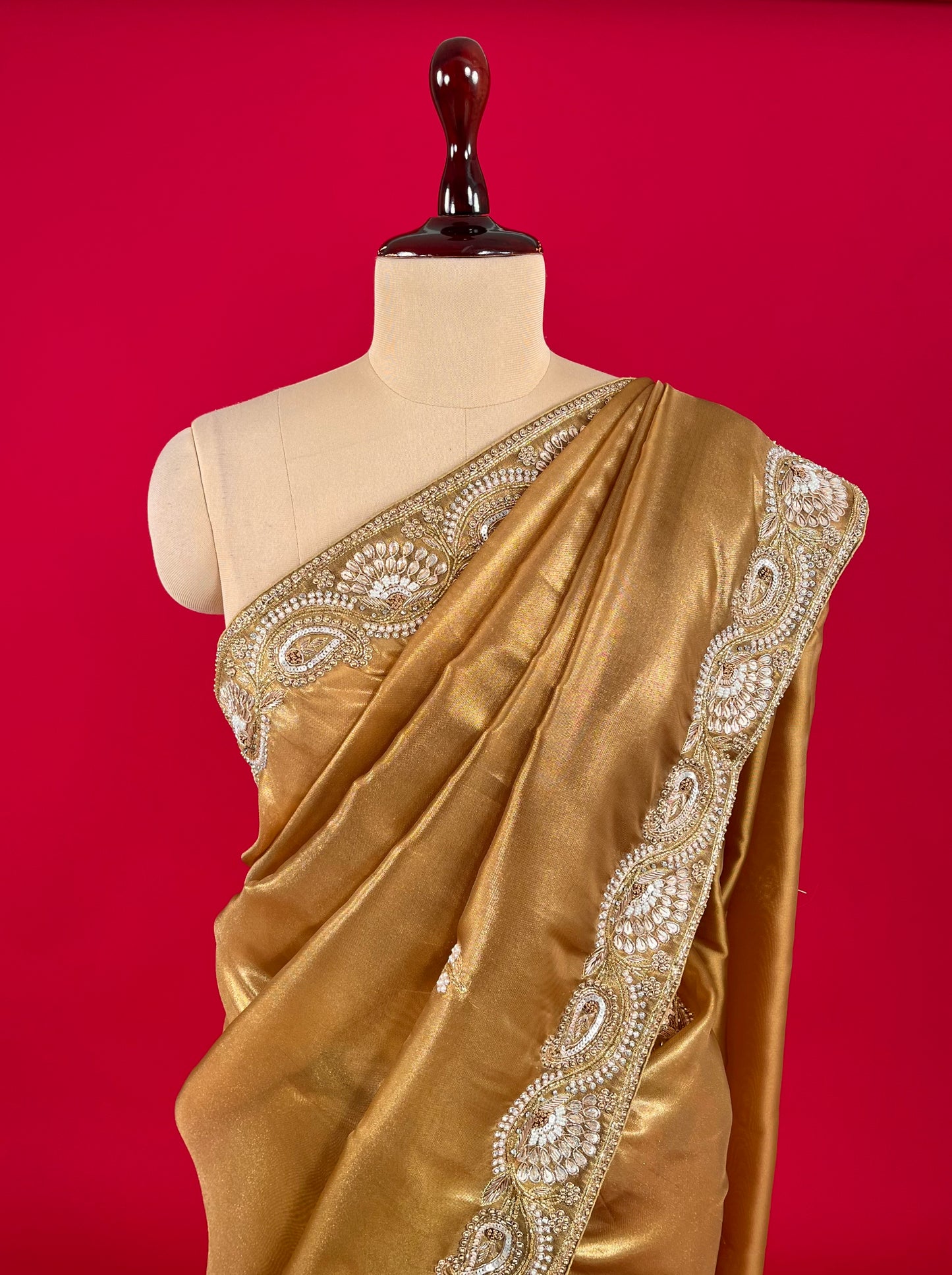 GOLDEN COLOUR ORGANZA TISSUE EMBROIDERED SAREE EMBELLISHED WITH CUTDANA, SEQUINS & GOTA PATTI WORK
