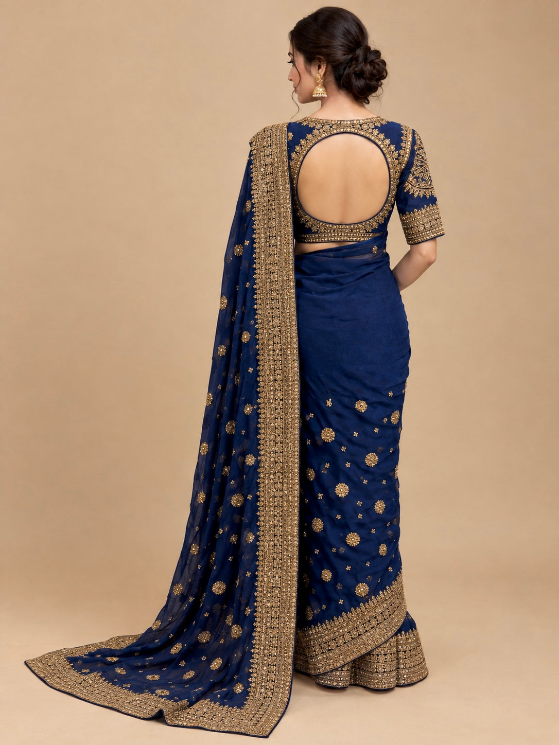 NAVY BLUE COLOUR ORGANZA SILK READYMADE RAW SILK BLOUSE SAREE EMBELLISHED WITH ANTIQUE KASAB, BEADS & SEQUINS WORK