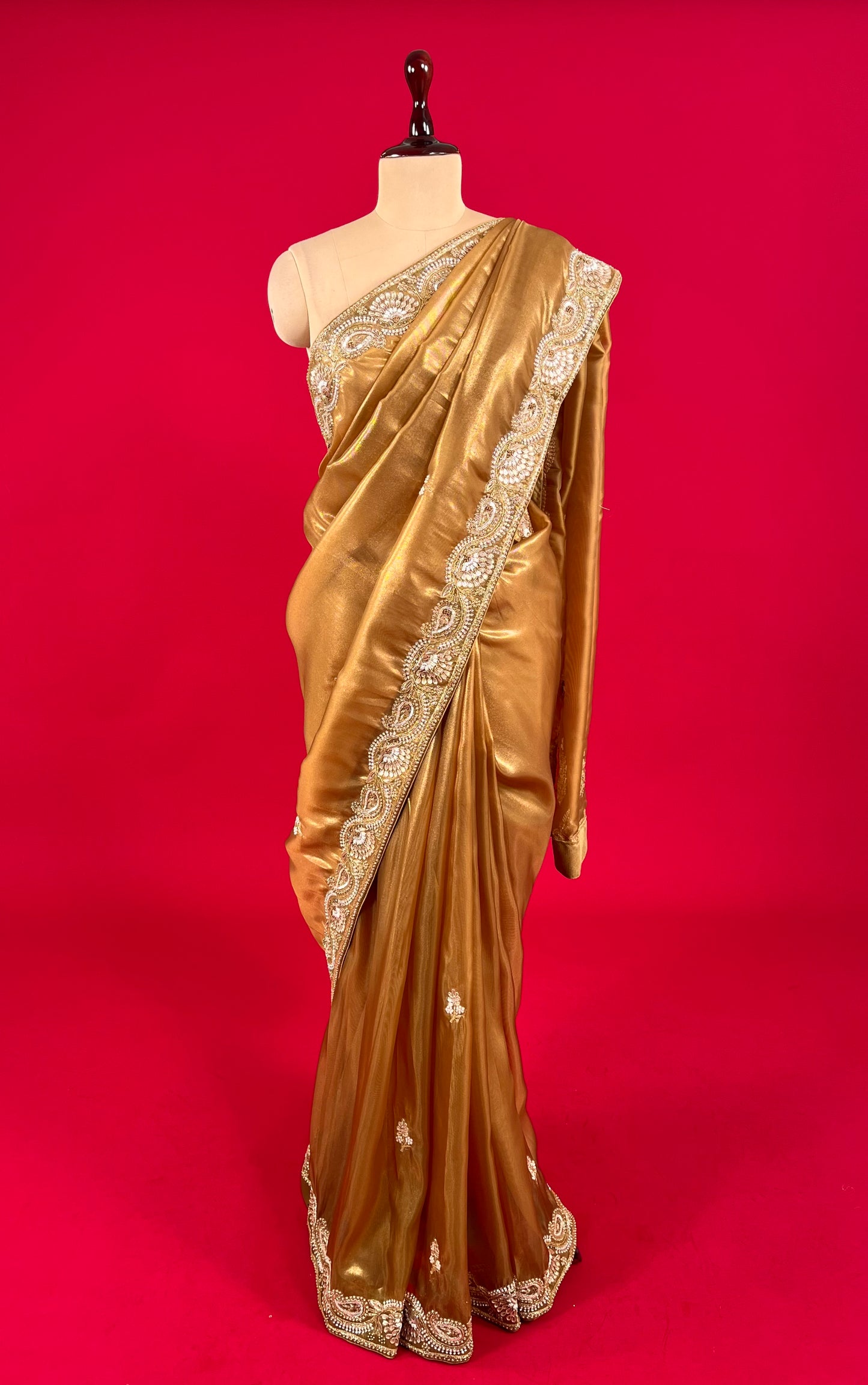 GOLDEN COLOUR ORGANZA TISSUE EMBROIDERED SAREE EMBELLISHED WITH CUTDANA, SEQUINS & GOTA PATTI WORK