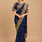 NAVY BLUE COLOUR ORGANZA SILK READYMADE RAW SILK BLOUSE SAREE EMBELLISHED WITH ANTIQUE KASAB, BEADS & SEQUINS WORK