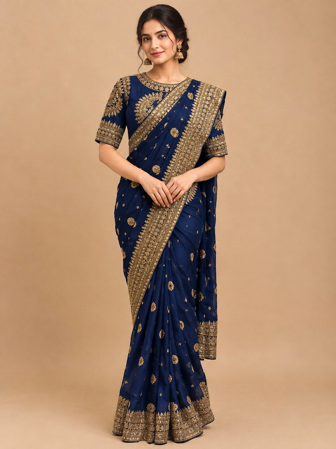 NAVY BLUE COLOUR ORGANZA SILK READYMADE RAW SILK BLOUSE SAREE EMBELLISHED WITH ANTIQUE KASAB, BEADS & SEQUINS WORK