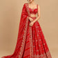 RED COLOUR KHADDI GEORGETTE BANDHANI LEHENGA WITH GOTA PATTI, MIRROR & ZARDOZI WORK & UNSTITCHED BLOUSE