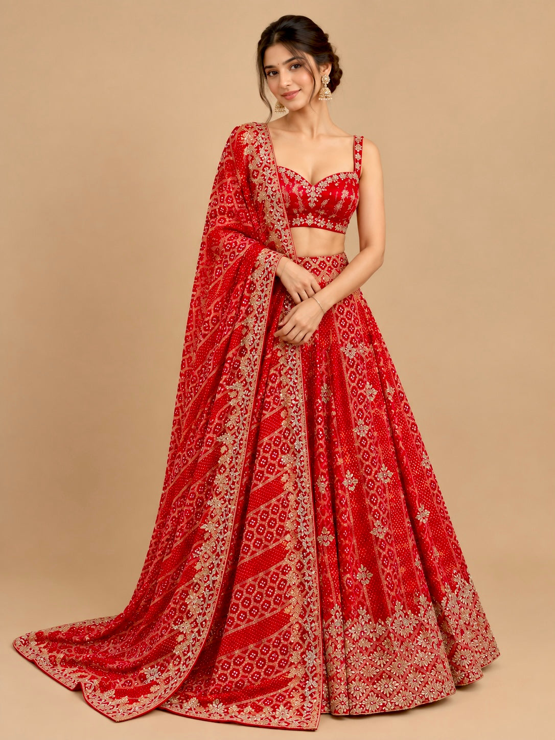 RED COLOUR KHADDI GEORGETTE BANDHANI LEHENGA WITH GOTA PATTI, MIRROR & ZARDOZI WORK & UNSTITCHED BLOUSE