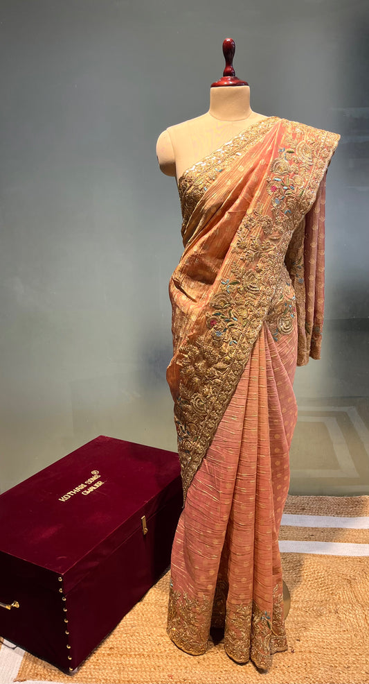 PEACH COLOUR CRUSHED TISSUE EMBROIDERED SAREE EMBELLISHMENT WITH SEQUINS, ZARI & RESHAM EMBROIDERY