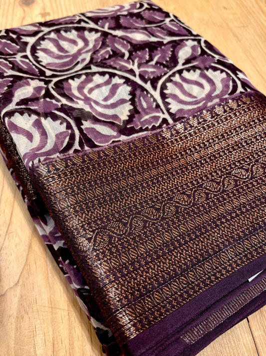 PURPLE COLOUR CHANDERI SILK PRINTED SAREE WITH ZARI BORDER