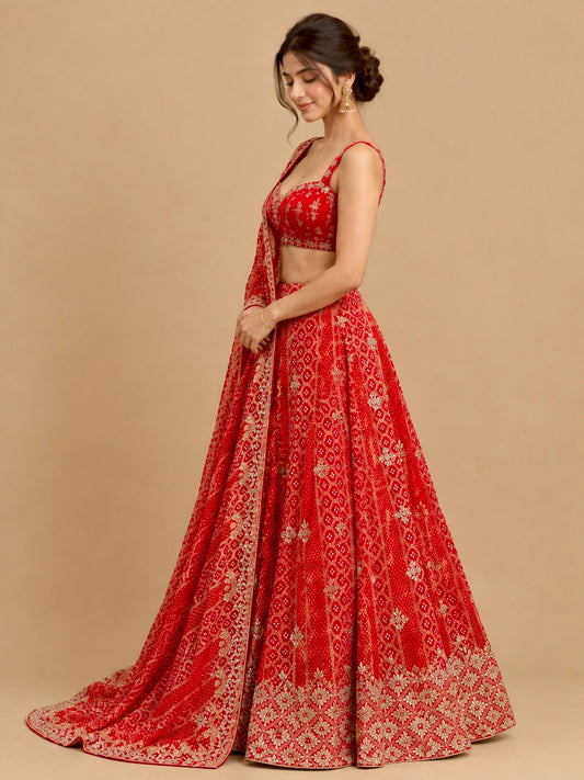 RED COLOUR KHADDI GEORGETTE BANDHANI LEHENGA WITH GOTA PATTI, MIRROR & ZARDOZI WORK & UNSTITCHED BLOUSE - Kothari Sons