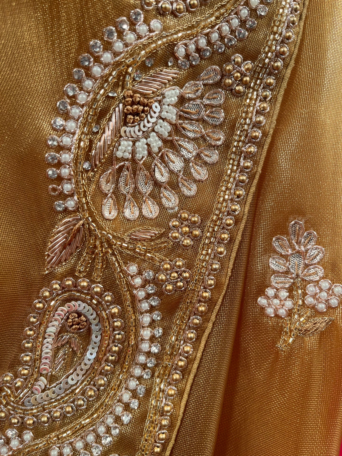 GOLDEN COLOUR ORGANZA TISSUE EMBROIDERED SAREE EMBELLISHED WITH CUTDANA, SEQUINS & GOTA PATTI WORK
