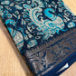 BLUE COLOUR CHANDERI SILK PRINTED SAREE WITH ZARI BORDER