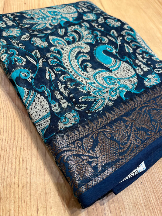 BLUE COLOUR CHANDERI SILK PRINTED SAREE WITH ZARI BORDER