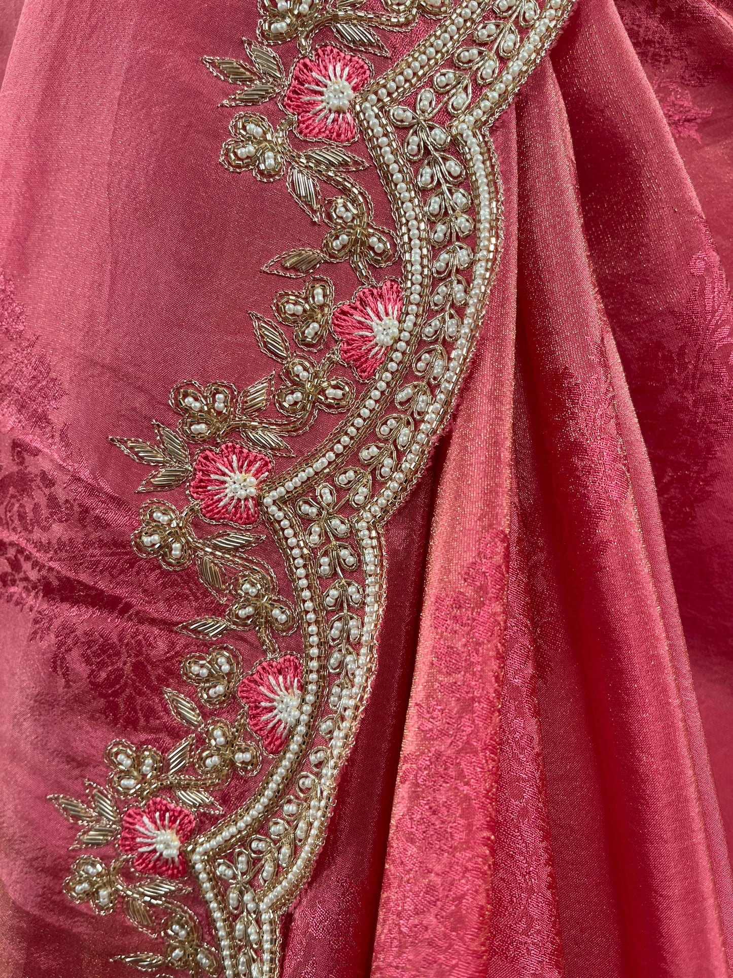 (DELIVERY IN 15-20 DAYS ) PINK COLOUR CREPE TISSUE SCALLOPED BORDER SAREE EMBELLISHED WITH CUTDANA, SEQUINS & ZARDOZI WORK