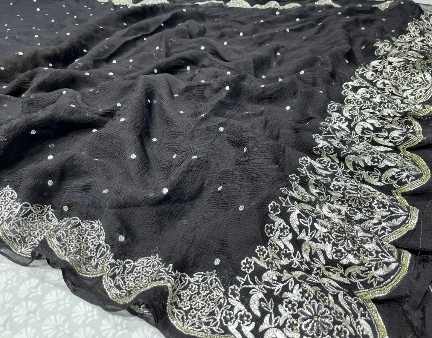 ( DELIVERY IN 25 DAYS ) BLACK COLOUR CHIFFON EMBROIDERED SAREE EMBELLISHED WITH AARI WORK