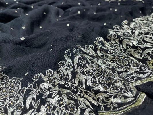 ( DELIVERY IN 25 DAYS ) BLACK COLOUR CHIFFON EMBROIDERED SAREE EMBELLISHED WITH AARI WORK