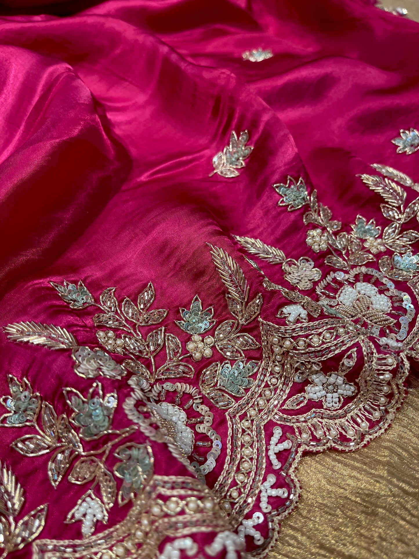 ONION PINK COLOR EMBROIDERED SATIN SILK SAREE EMBELLISHED WITH ZARDOZI, SEQUINS, CUTDANA AND BEADS WORK