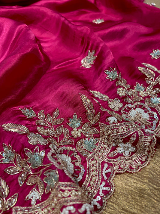 ONION PINK COLOR EMBROIDERED SATIN SILK SAREE EMBELLISHED WITH ZARDOZI, SEQUINS, CUTDANA AND BEADS WORK