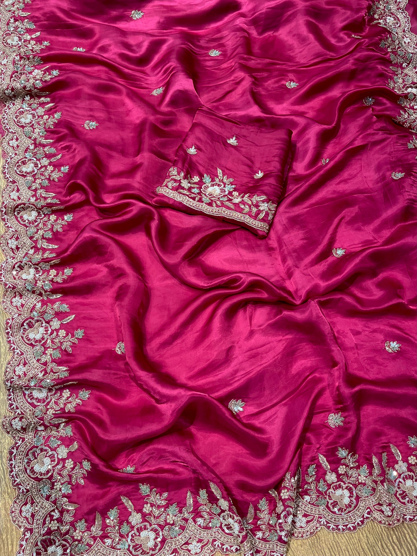 ONION PINK COLOR EMBROIDERED SATIN SILK SAREE EMBELLISHED WITH ZARDOZI, SEQUINS, CUTDANA AND BEADS WORK