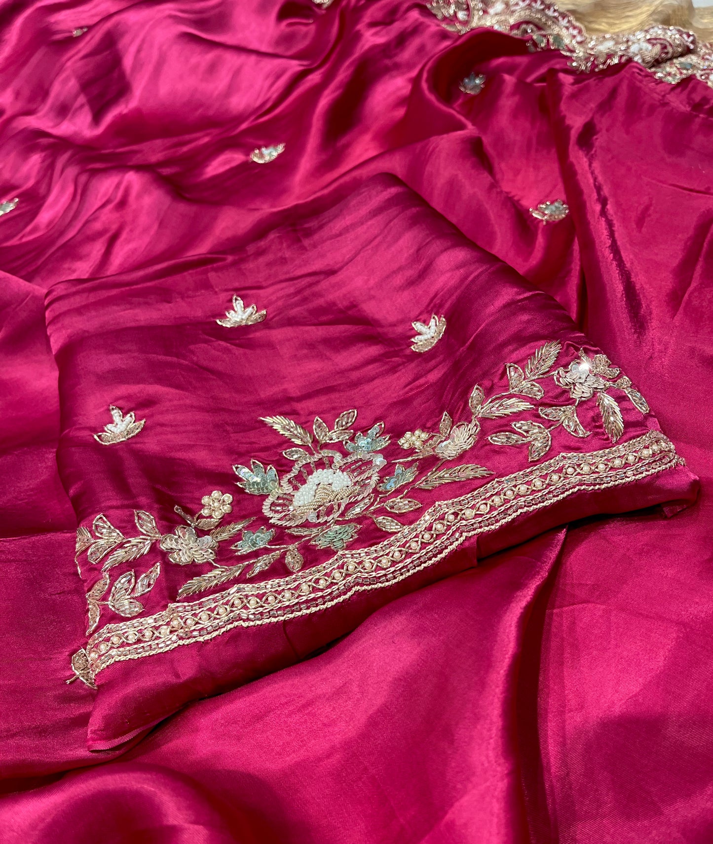 ONION PINK COLOR EMBROIDERED SATIN SILK SAREE EMBELLISHED WITH ZARDOZI, SEQUINS, CUTDANA AND BEADS WORK