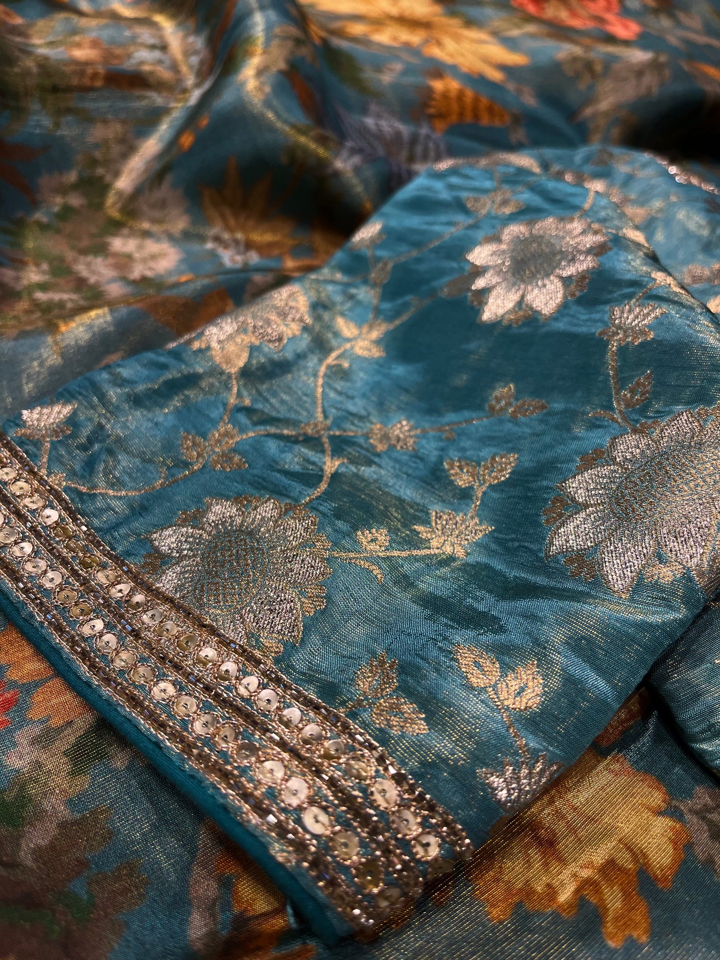 TURQUOISE COLOR CREPE TISSUE PRINTED BANARASI READYMADE BLOUSE SAREE EMBELLISHED WITH CUDANA AND SEQUINS WORK