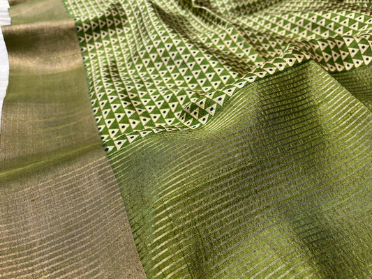( DELIVERY IN 25 DAYS ) GREEN COLOR PURE MUNGA SILK PRINTED SAREE