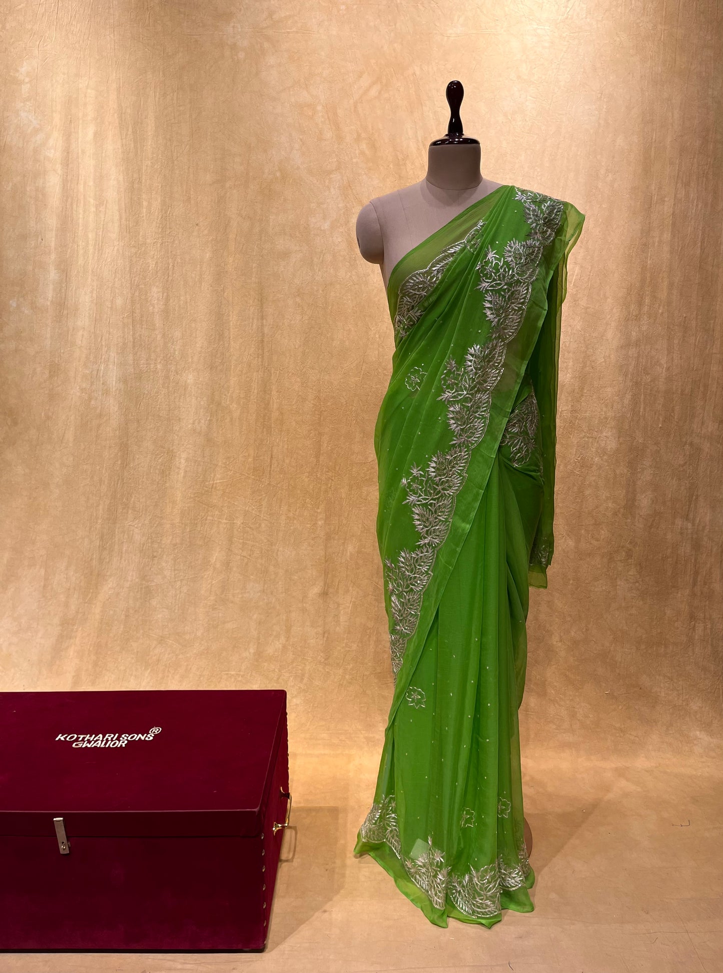 PARROT GREEN COLOUR CHIFFON HAND EMBROIDERED SAREE EMBELLISHED WITH AARI WORK