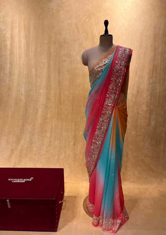 ( DELIVERY IN 25 DAYS ) SHADED PURE CHIFFON HAND EMBROIDERED SAREE EMBELLISHED WITH AARI & SEQUINS WORK