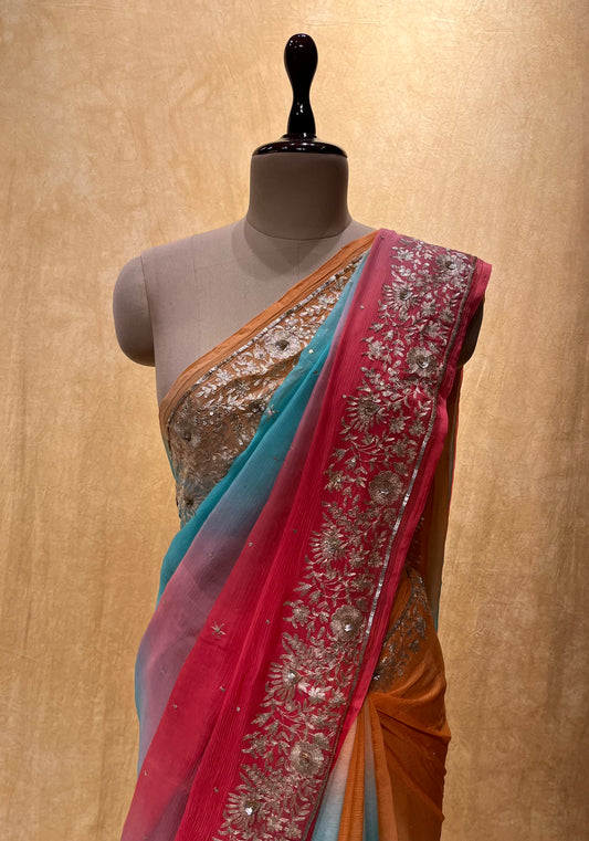 ( DELIVERY IN 25 DAYS ) SHADED PURE CHIFFON HAND EMBROIDERED SAREE EMBELLISHED WITH AARI & SEQUINS WORK