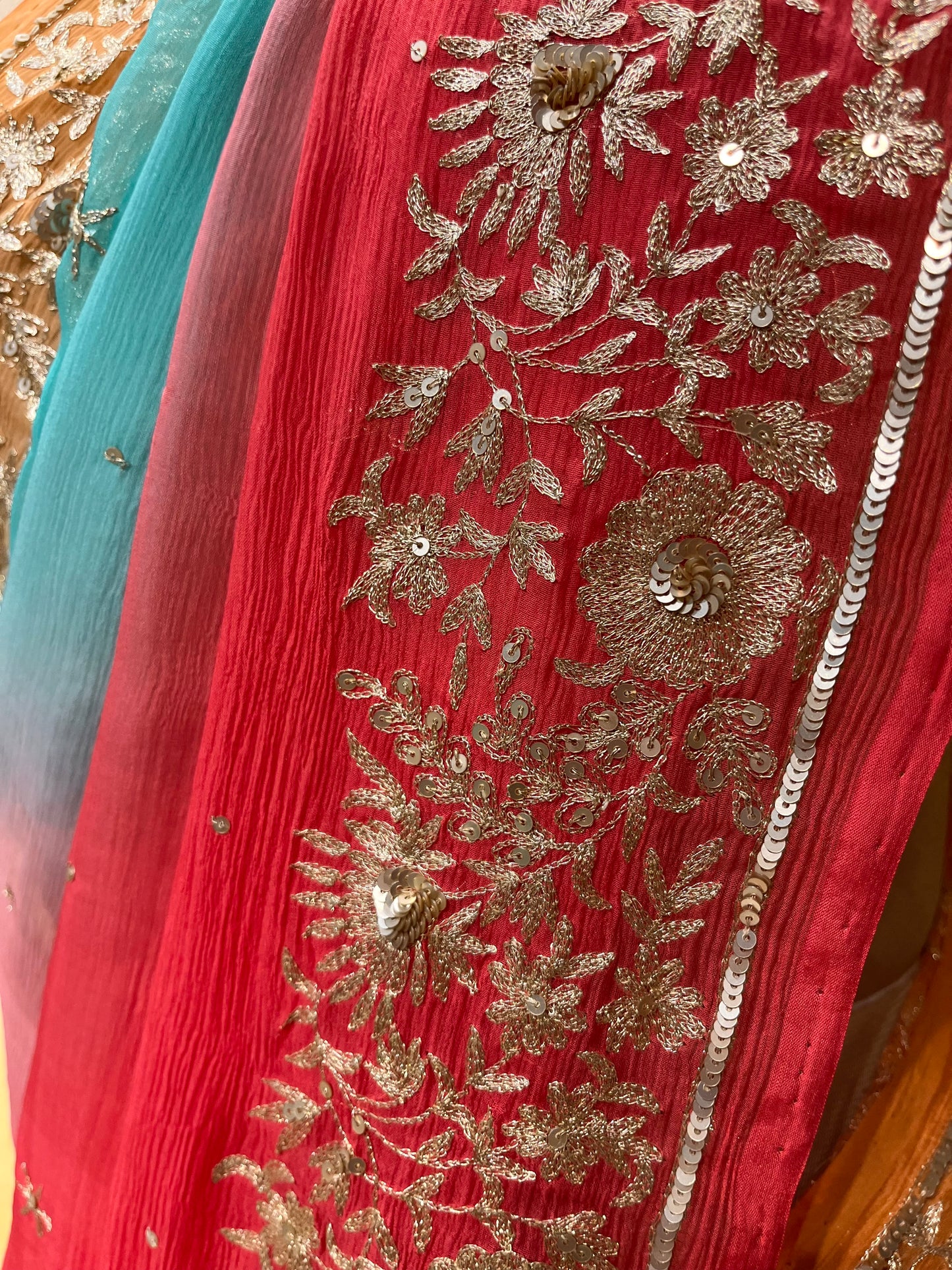 ( DELIVERY IN 25 DAYS ) SHADED PURE CHIFFON HAND EMBROIDERED SAREE EMBELLISHED WITH AARI & SEQUINS WORK