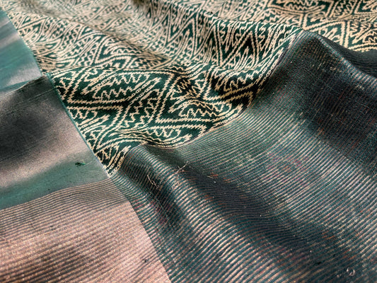( DELIVERY IN 25 DAYS ) GREEN COLOR PURE MUNGA SILK PRINTED SAREE EMBELLISHED WITH ZARI BORDER
