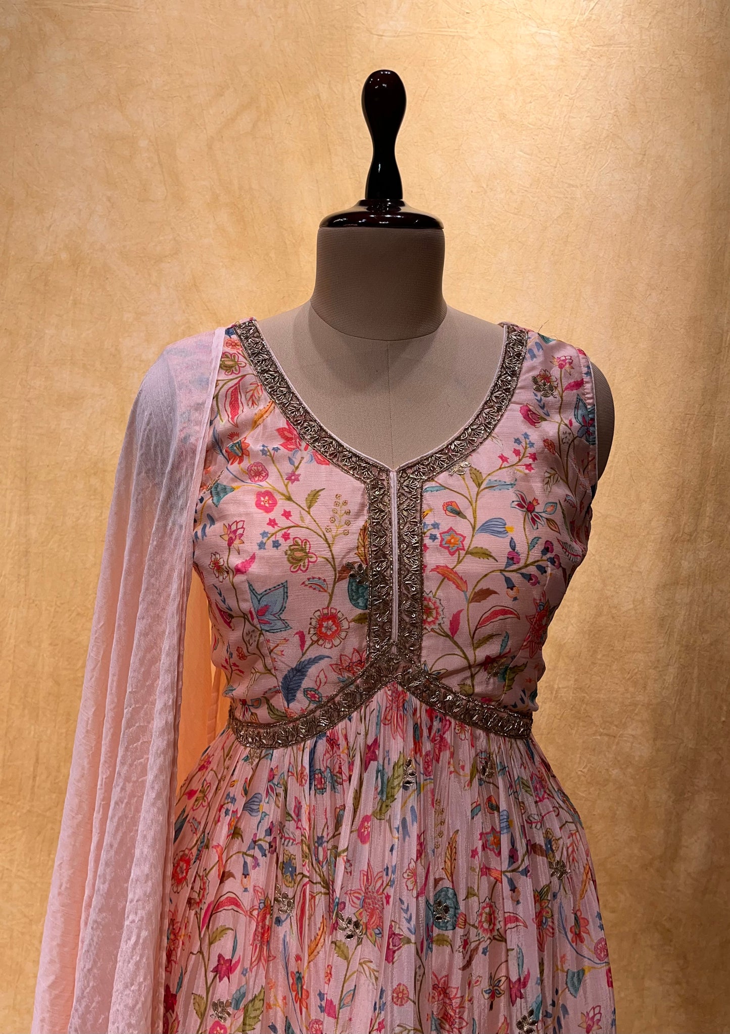 PEACH COLOUR PRINTED MUSLIN SILK EMBROIDERED SHARARA SUIT EMBELLISHED WITH GOTA PATTI WORK