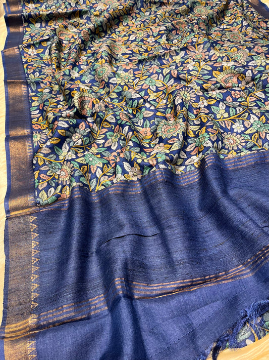 ( DELIVERY IN 25 DAYS ) BLUE COLOR PURE MUNGA SILK PRINTED SAREE WITH ZARI BORDER