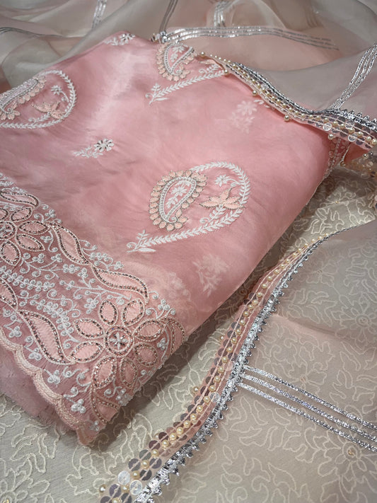 PINK COLOUR PURE ORGANZA HAND EMBROIDERED UNSTITCHED SUIT EMBELLISHED WITH PEARL & RESHAM SHADOW EMBROIDERY