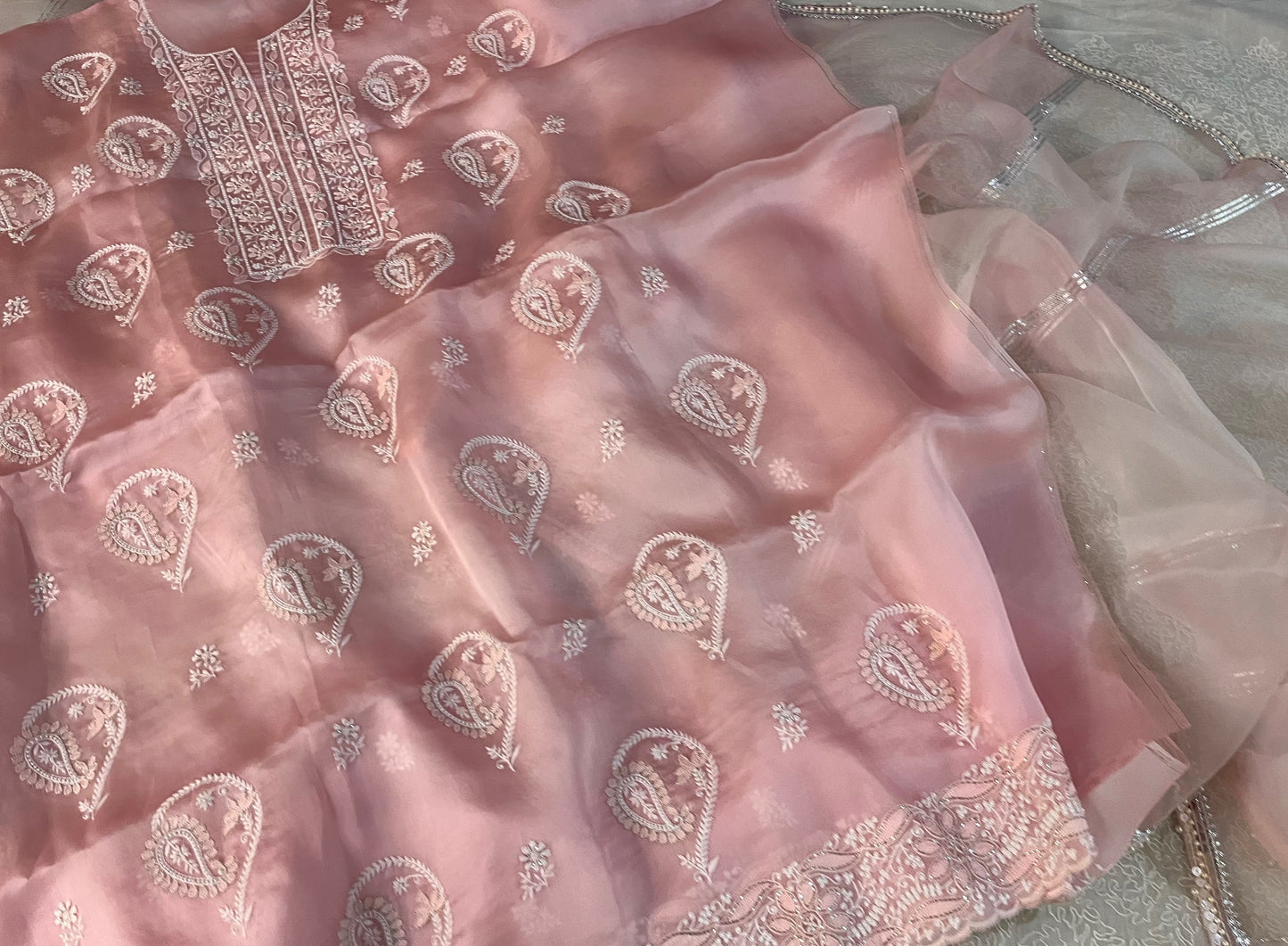 PINK COLOUR PURE ORGANZA HAND EMBROIDERED UNSTITCHED SUIT EMBELLISHED WITH PEARL & RESHAM SHADOW EMBROIDERY