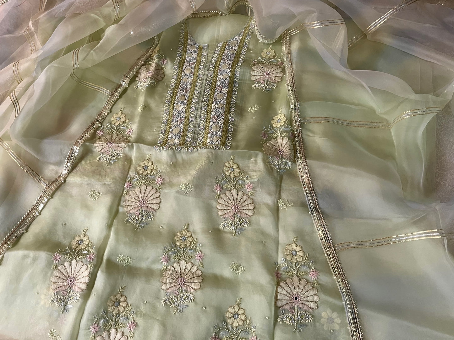 PISTA GREEN COLOUR PURE ORGANZA HAND EMBROIDERED UNSTITCHED SUIT EMBELLISHED WITH CUTDANA, PEARL & SHADOW EMBROIDERY