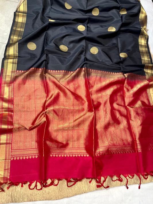 BLACK COLOUR PURE DHARMAVARAM SILK SAREE WITH CONTRAST BORDER & PALLA EMBELLISHED WITH ZARI WEAVES