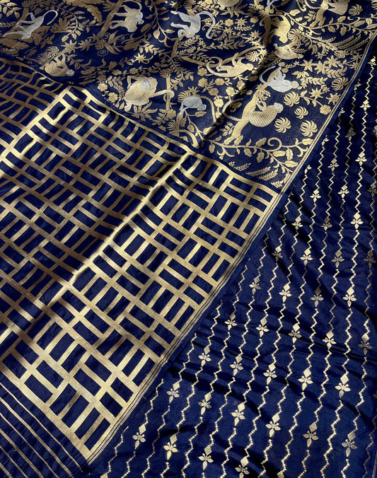 NAVY BLUE COLOR PURE BANARASI KATAN SILK SAREE EMBELLISHED WITH ZARI WEAVES