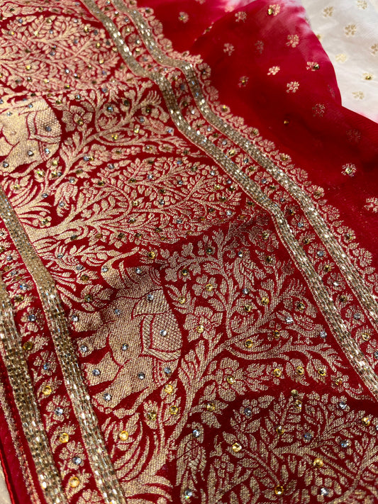 WHITE & RED COLOURS GEORGETTE KHADDI EMBROIDERED SAREE EMBELLISHED WITH CUTDANA AND ZARDOZI WORK