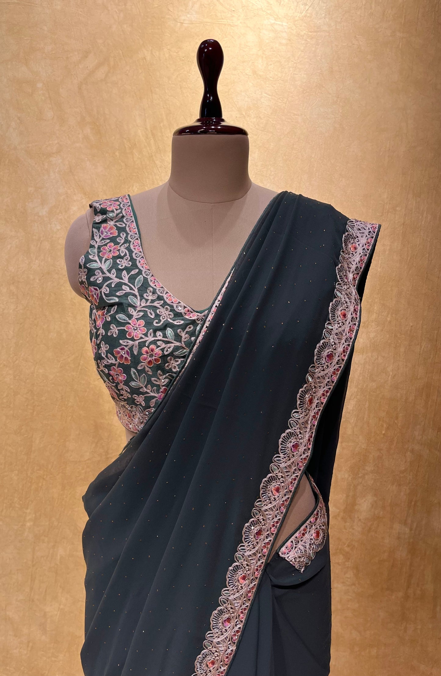 (DELIVERY IN 25 DAYS) JUNIPER GREEN COLOUR GEORGETTE READYMADE BLOUSE KASHMIRI EMBROIDERED SAREE