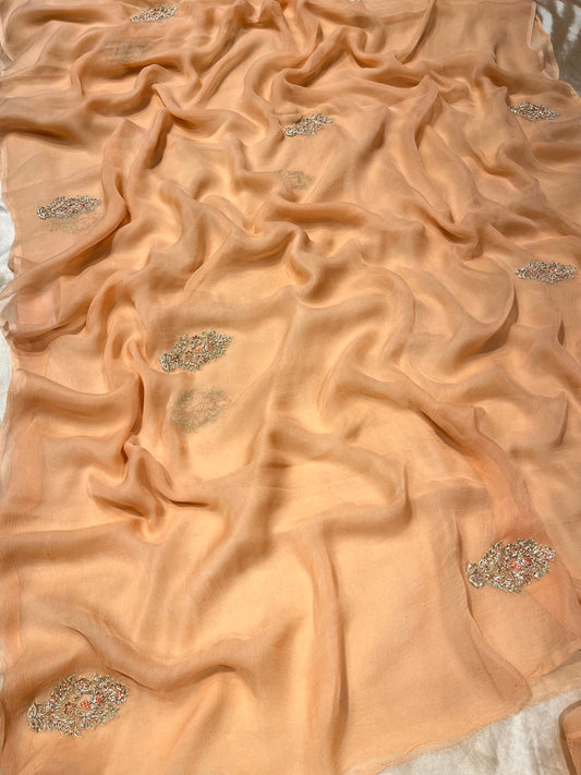BEIGE COLOUR CHIFFON HAND EMBROIDERED SAREE EMBELLISHED WITH ZARDOZI WORK