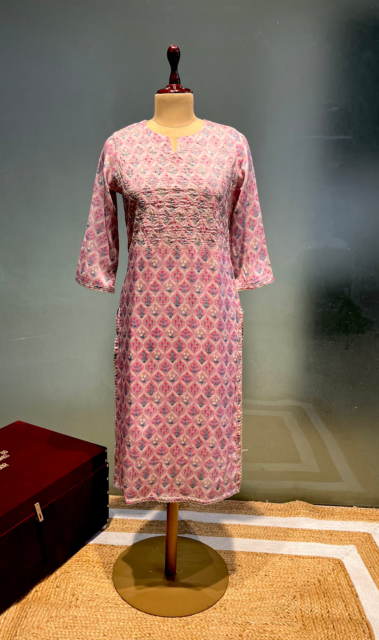 PINK COLOR MUSLIN KURTI EMBELLISHED WITH MIRROR FOIL