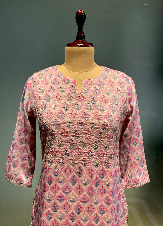 PINK COLOR MUSLIN KURTI EMBELLISHED WITH MIRROR FOIL