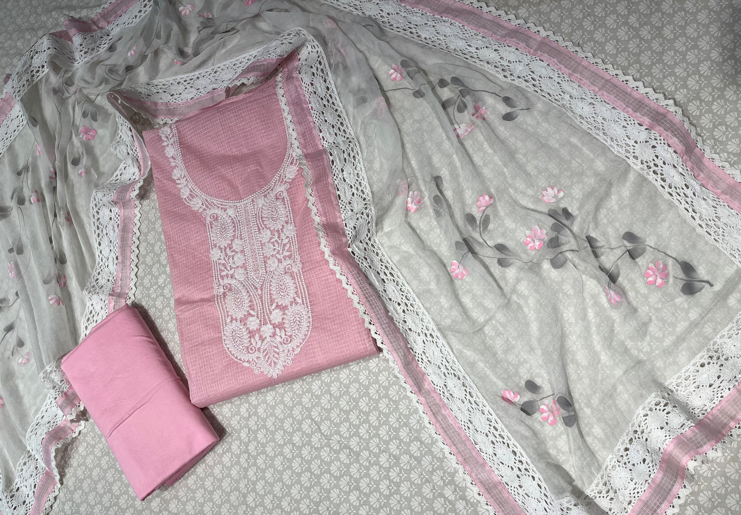 PINK COLOUR KOTA DORIA UNSTITCHED SUIT WITH CHIFFON DUPATTA EMBELLISHED WITH THREAD WORK