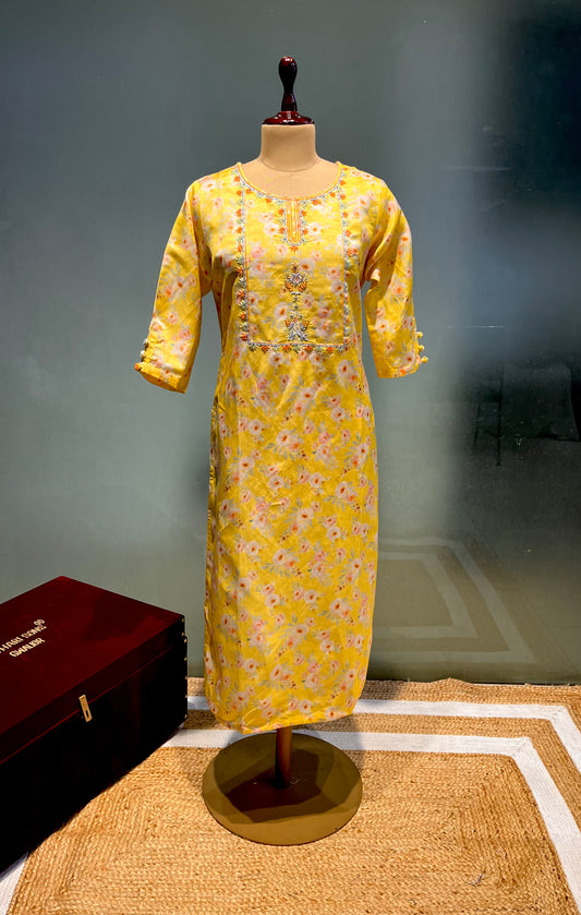 YELLOW COLOURED RAW SILK KURTI EMBELLISHED WITH KARDANA