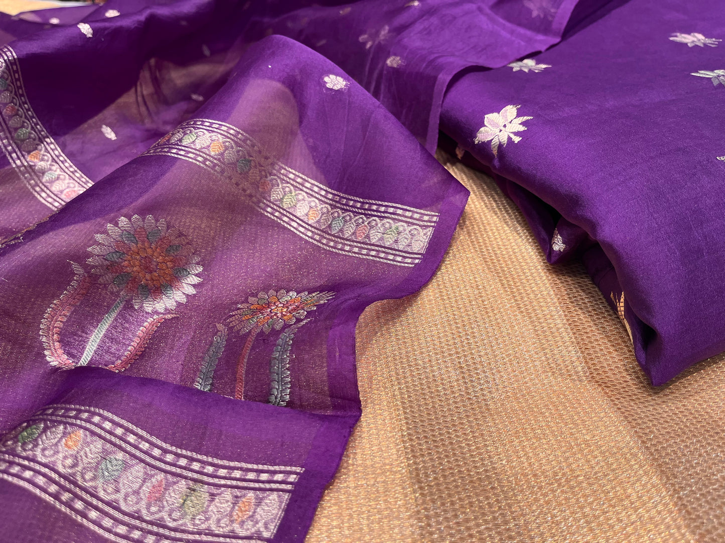 VIOLET PURPLE COLOUR PURE CHANDERI SILK UNSTITCHED SUIT WITH ORGANZA DUPATTA EMBELLISHED WITH ZARI WEAVES