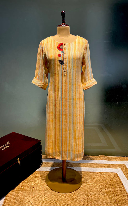 YELLOW COLOUR MUSLIN KURTI EMBELLISHED WITH KARDANA AND RESHAM EMBROIDERY