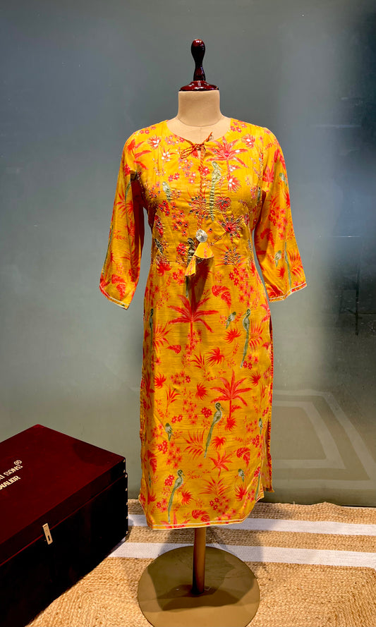 YELLOW COLOURED GEORGETTE KURTI EMBELLISHED WITH GOTTA PATTI AND MIRROR FOIL