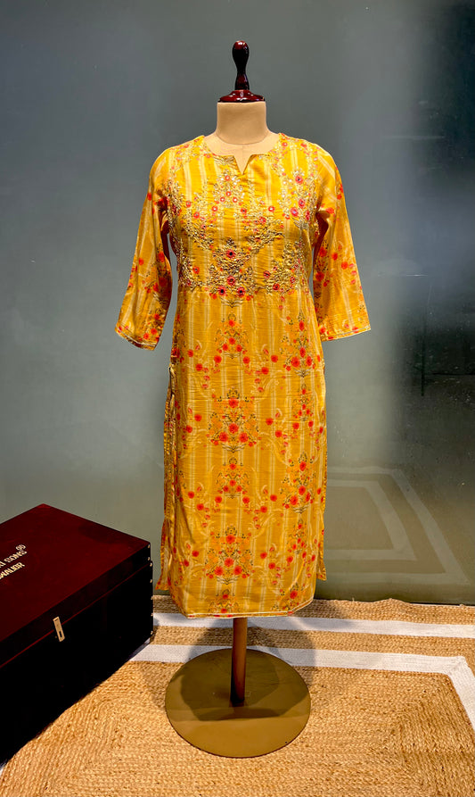 MULTI COLOURED YELLOW MUSLIN KURTI EMBELLISHED WITH MIRROR FOIL AND SEQUINS