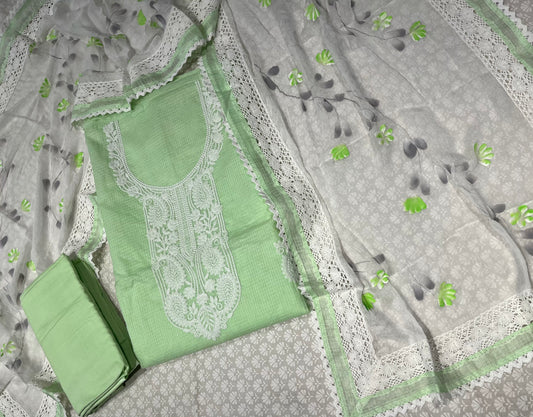 PISTA GREEN COLOUR  KOTA DORIA UNSTITCHED SUIT WITH CHIFFON DUPATTA EMBELLISHED WITH THREAD WORK