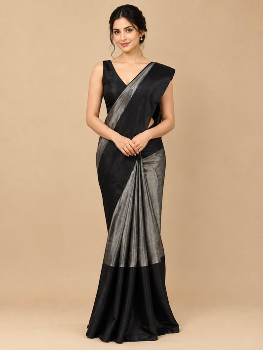 BLACK & SILVER STRIPED CHANDERI TISSUE SAREE WITH MATCHING BLOUSE - Kothari Sons