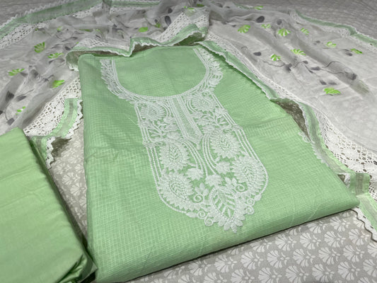 PISTA GREEN COLOUR  KOTA DORIA UNSTITCHED SUIT WITH CHIFFON DUPATTA EMBELLISHED WITH THREAD WORK